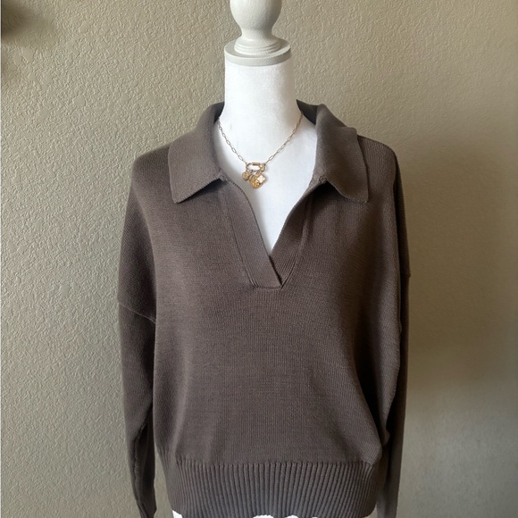 CALIA by Carrie Underwood Sweaters - CALIA by Carrie Underwood Brown V-Neck Collared Knit Pullover